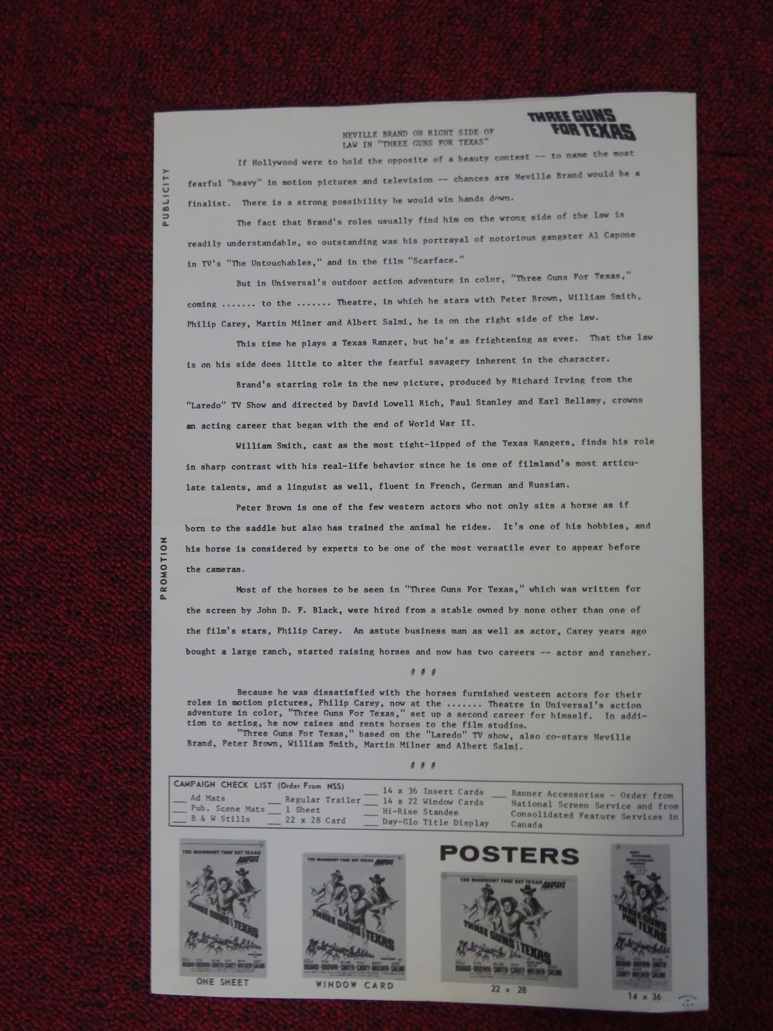 THREE GUNS FOR TEXAS UNCUT UNIVERSAL CITY PRESS BOOK NEVILLE BRAND BROWN 1968 Rendezvous Cinema Movie posters