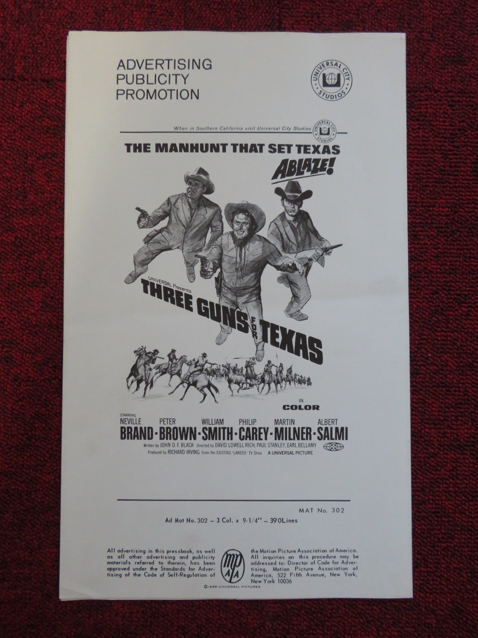 THREE GUNS FOR TEXAS UNCUT UNIVERSAL CITY PRESS BOOK NEVILLE BRAND BROWN 1968 Rendezvous Cinema Movie posters