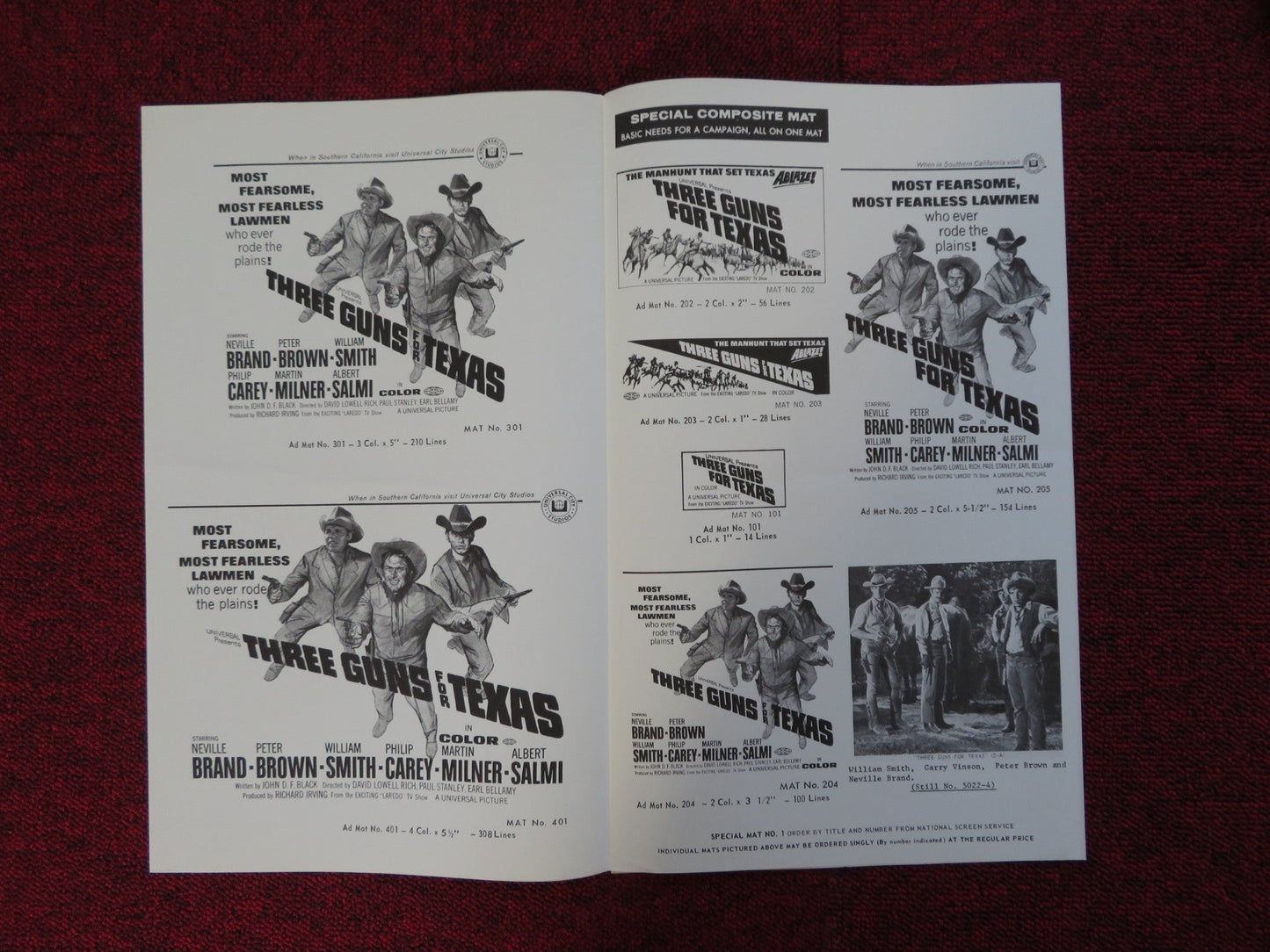 THREE GUNS FOR TEXAS UNCUT UNIVERSAL CITY PRESS BOOK NEVILLE BRAND BROWN 1968 Rendezvous Cinema Movie posters