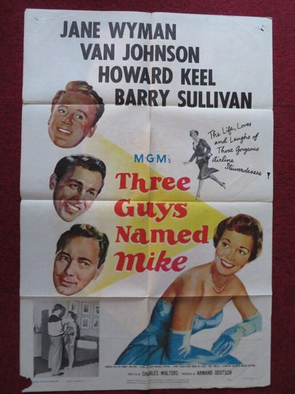 THREE GUYS NAMED MIKE FOLDED US ONE SHEET POSTER JANE WYMAN VAN JOHNSON 1951 Movie posters
