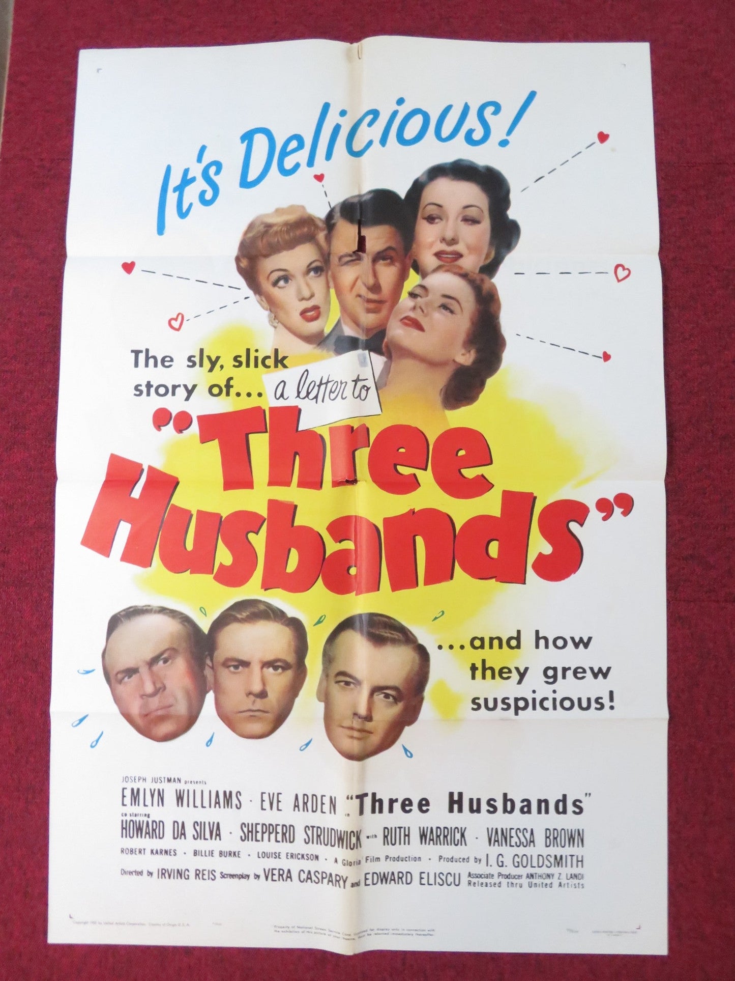 THREE HUSBANDS FOLDED US ONE SHEET POSTER EMLYN WILLIAMS EVE ARDEN 1950 Rendezvous Cinema Movie posters