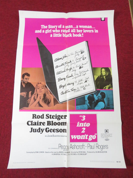 THREE INTO TWO WON'T GO FOLDED US ONE SHEET POSTER ROD STEIGER CLAIRE BLOOM 1969 Rendezvous Cinema Movie posters