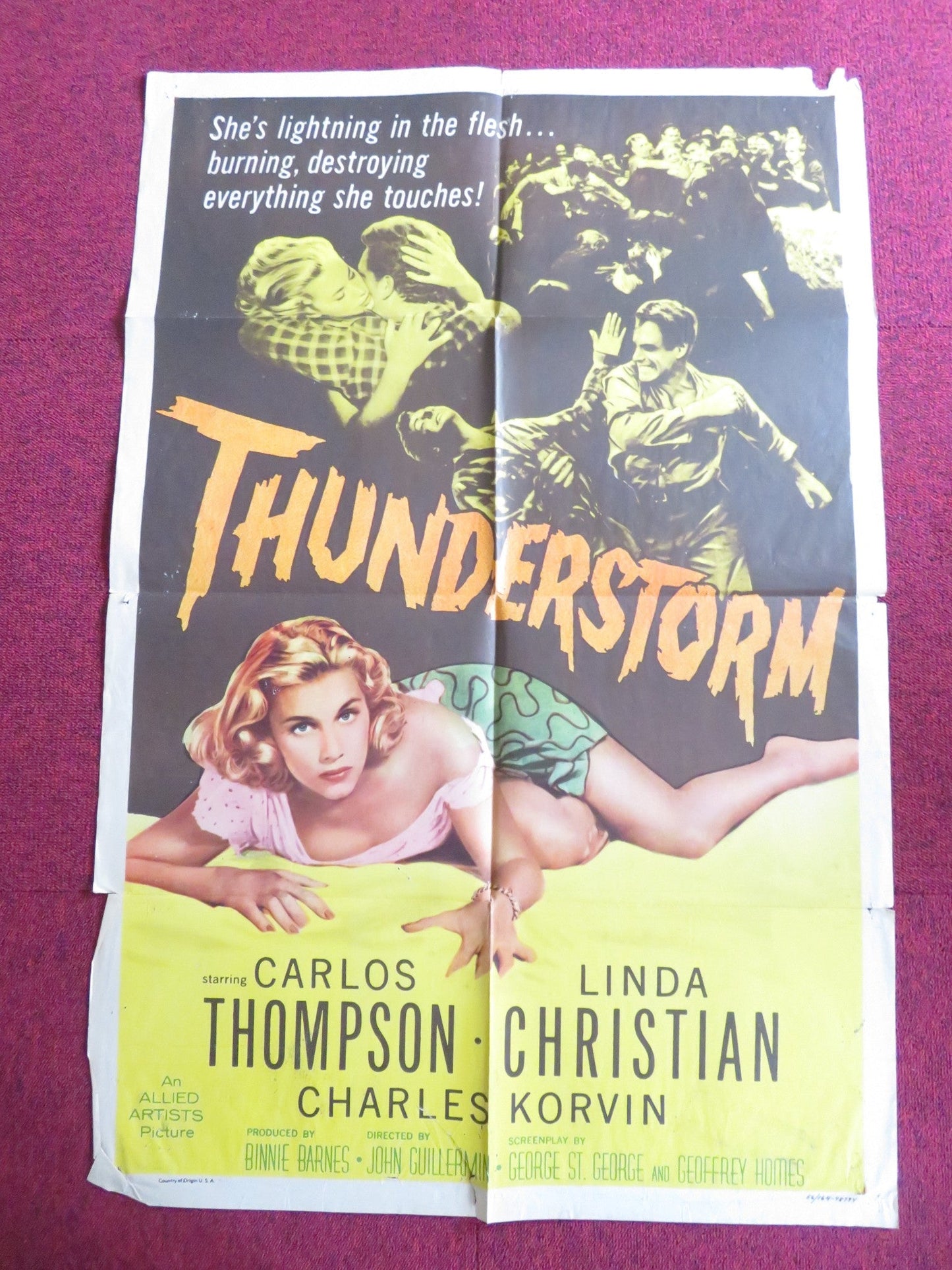 THUNDERSTORM FOLDED US ONE SHEET POSTER CARLOS THOMPSON LINDA CHRISTIAN 1956 Rendezvous Cinema Movie posters