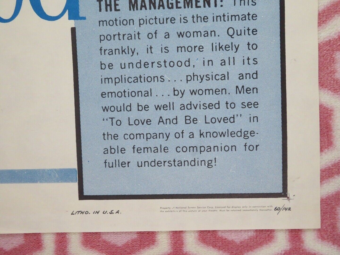 TO LOVE AND BE LOVED FOLDED US ONE SHEET POSTER BARBARA RUTTING 1960 Movie posters