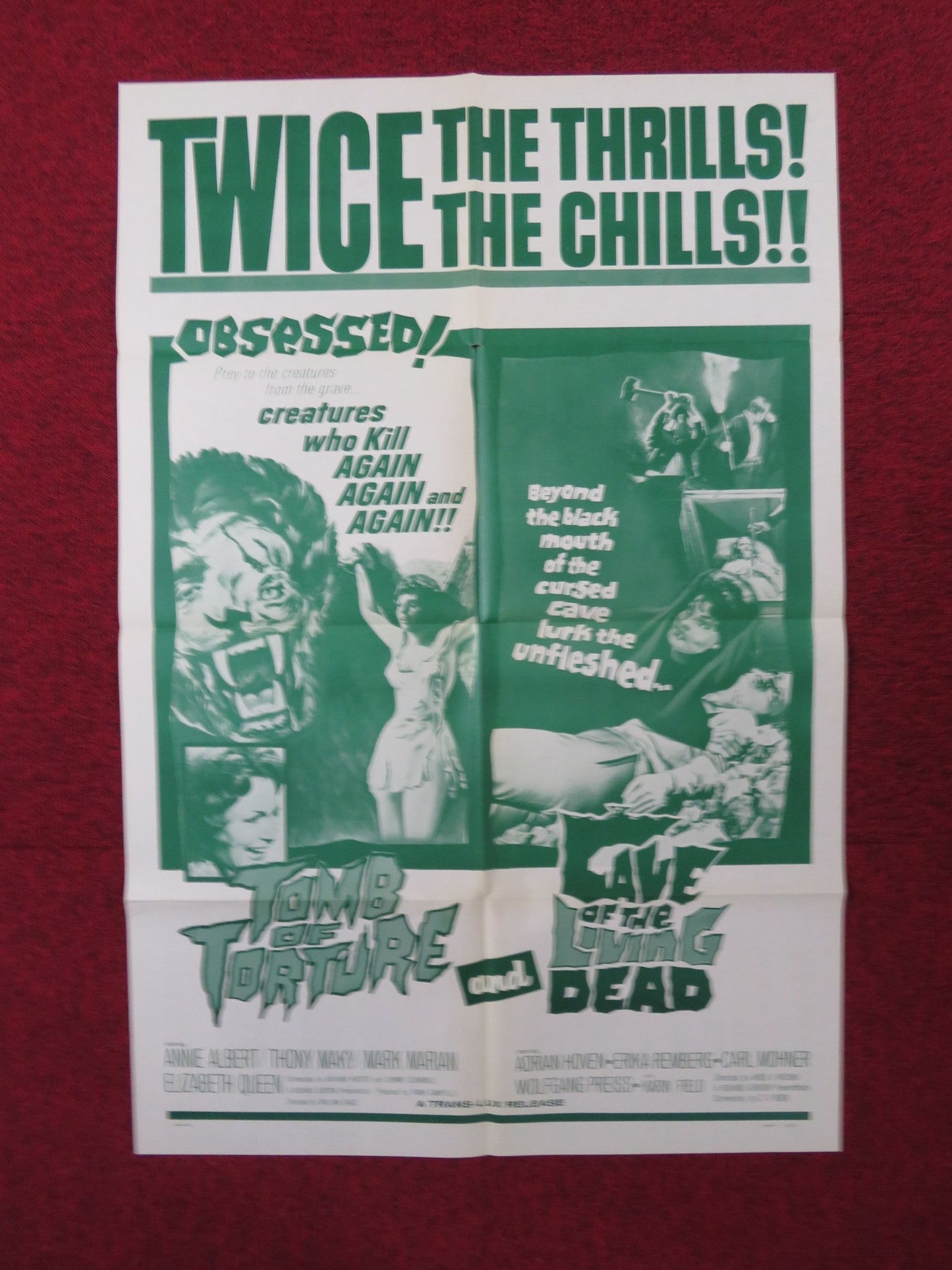 TOMB OF TORTURE / CAVE OF LIVING DEAD COMBO FOLDED US ONE SHEET POSTER 1966 Rendezvous Cinema Movie posters