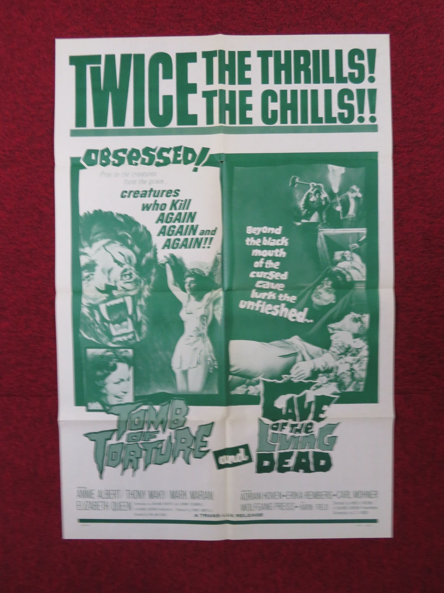 TOMB OF TORTURE / CAVE OF LIVING DEAD COMBO FOLDED US ONE SHEET POSTER 1966 Rendezvous Cinema Movie posters
