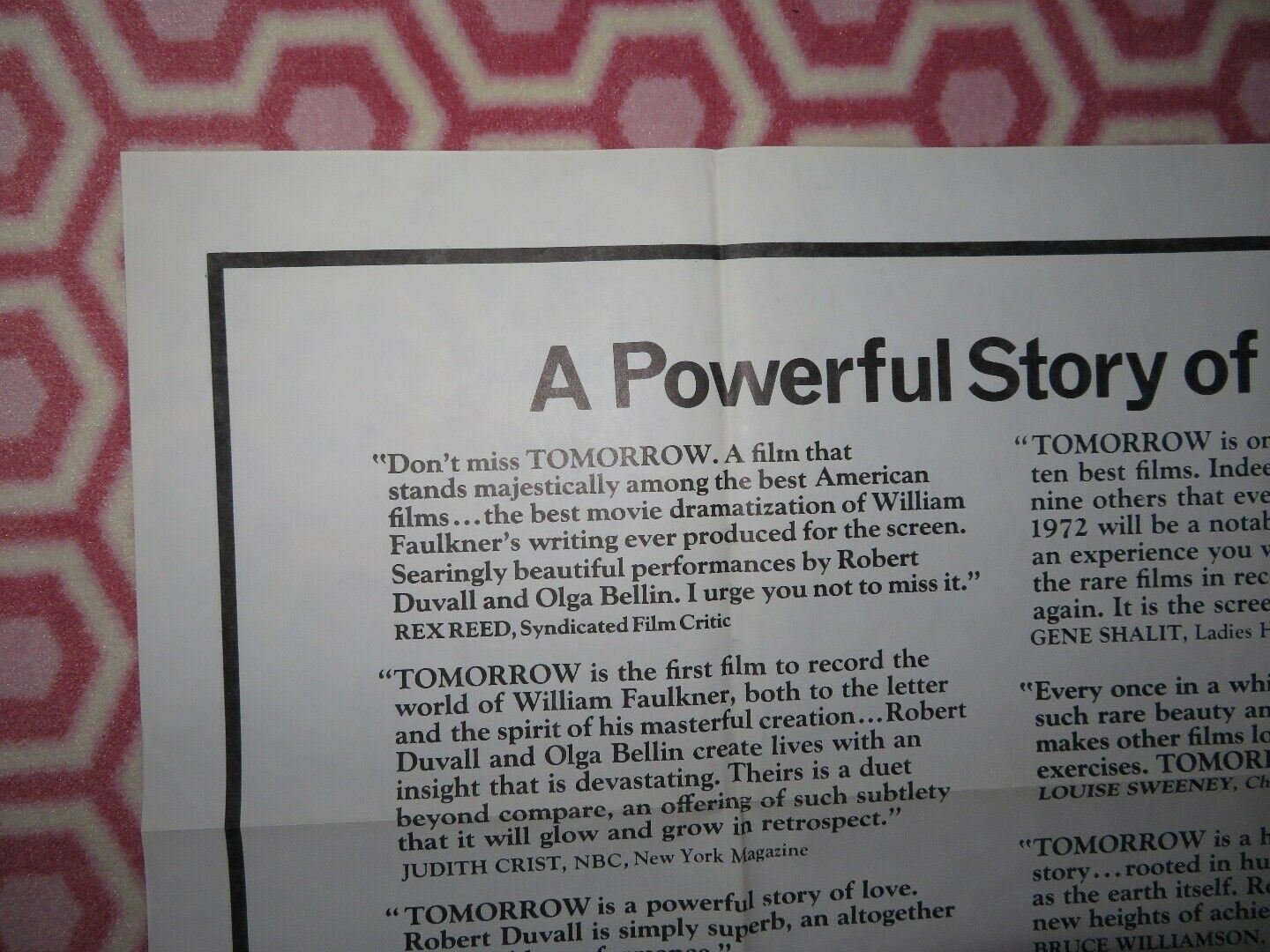 TOMORROW US ONE SHEET POSTER ROBERT DUVALL OLGA BELLIN FAULKNER 1972 - Rendezvous Cinema