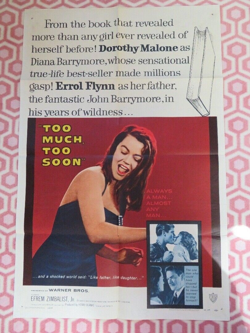 TOO MUCH TOO SOON FOLDED US ONE SHEET POSTER DOROTHY MALONE ERROL FLYNN 1958 Movie posters
