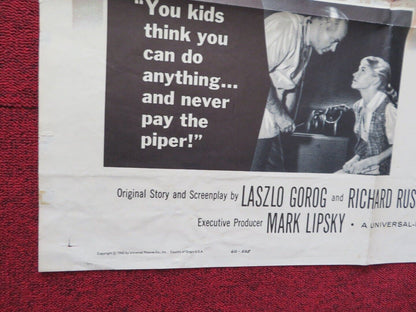 TOO SOON TO LOVE FOLDED US ONE SHEET POSTER JENNIFER WEST RICHARD EVANS 1960 Movie posters