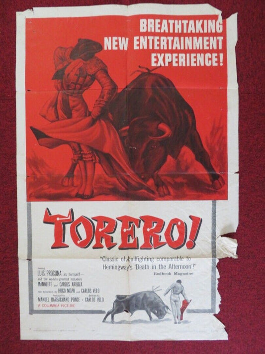 TORERO ONE FOLDED US ONE SHEET POSTER LUIS PROCUNA CARLOS ARRUZA 1957 Movie posters