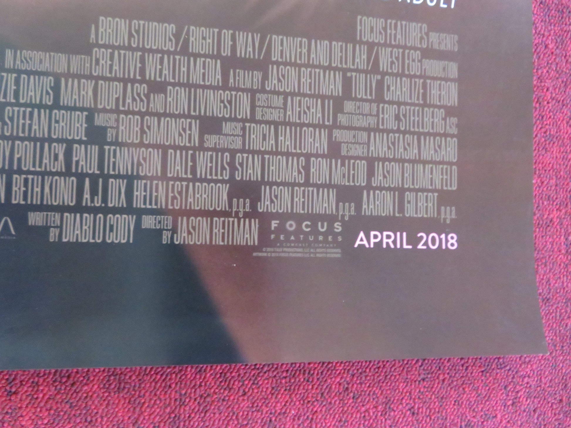 TULLY US ONE SHEET ROLLED POSTER CHARLIZE THERONE RON LIVINGSTON 2018 Rendezvous Cinema Movie posters