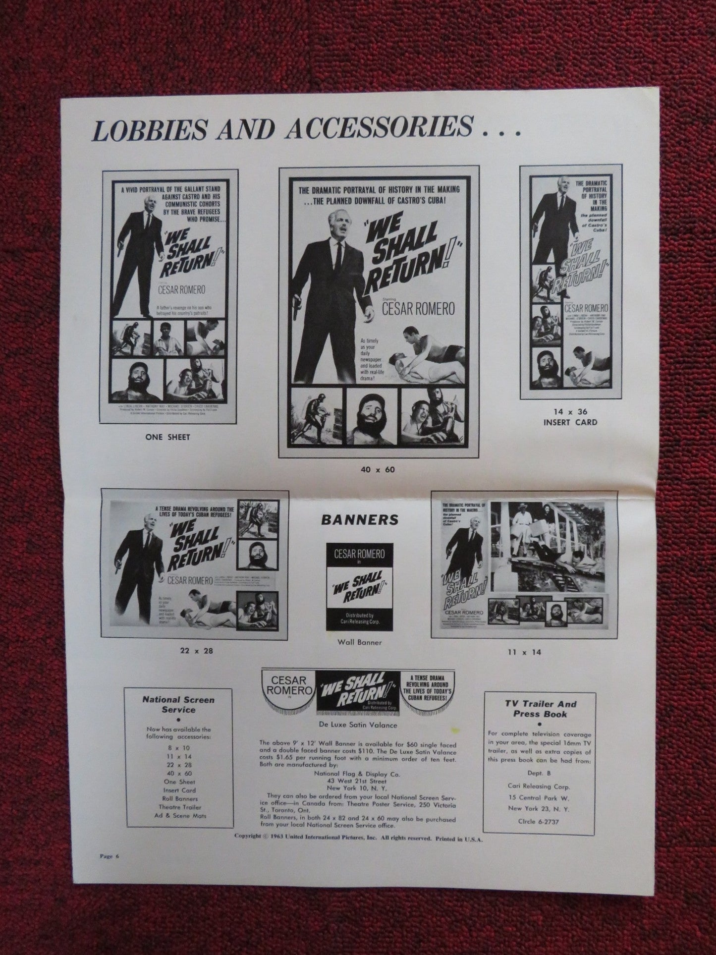 WE SHALL RETURN UNCUT EXHIBITOR FOLDED PRESS BOOK CESAR ROMERO 1963 Rendezvous Cinema Movie posters