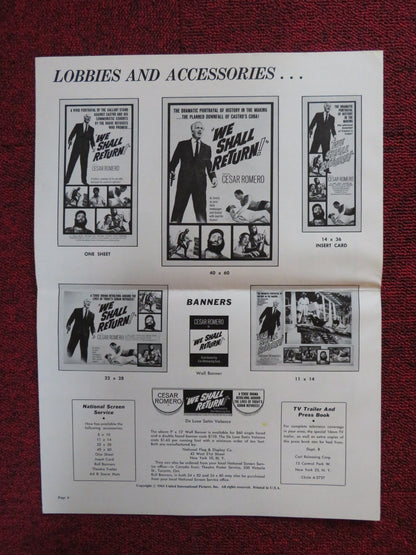 WE SHALL RETURN UNCUT EXHIBITOR FOLDED PRESS BOOK CESAR ROMERO 1963 Rendezvous Cinema Movie posters