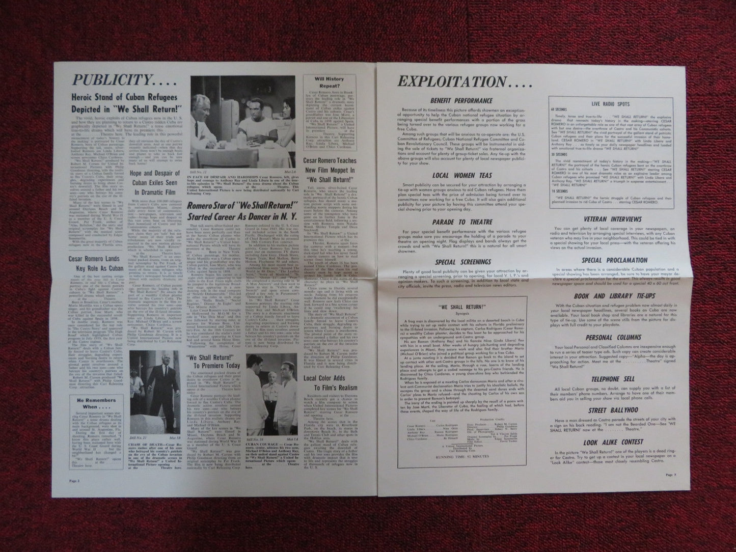WE SHALL RETURN UNCUT EXHIBITOR FOLDED PRESS BOOK CESAR ROMERO 1963 Rendezvous Cinema Movie posters
