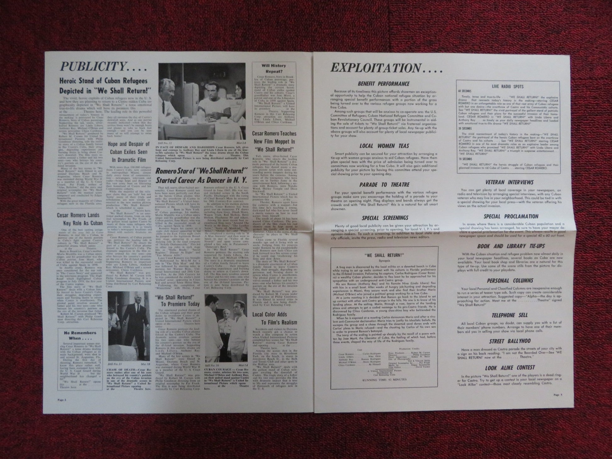 WE SHALL RETURN UNCUT EXHIBITOR FOLDED PRESS BOOK CESAR ROMERO 1963 Rendezvous Cinema Movie posters
