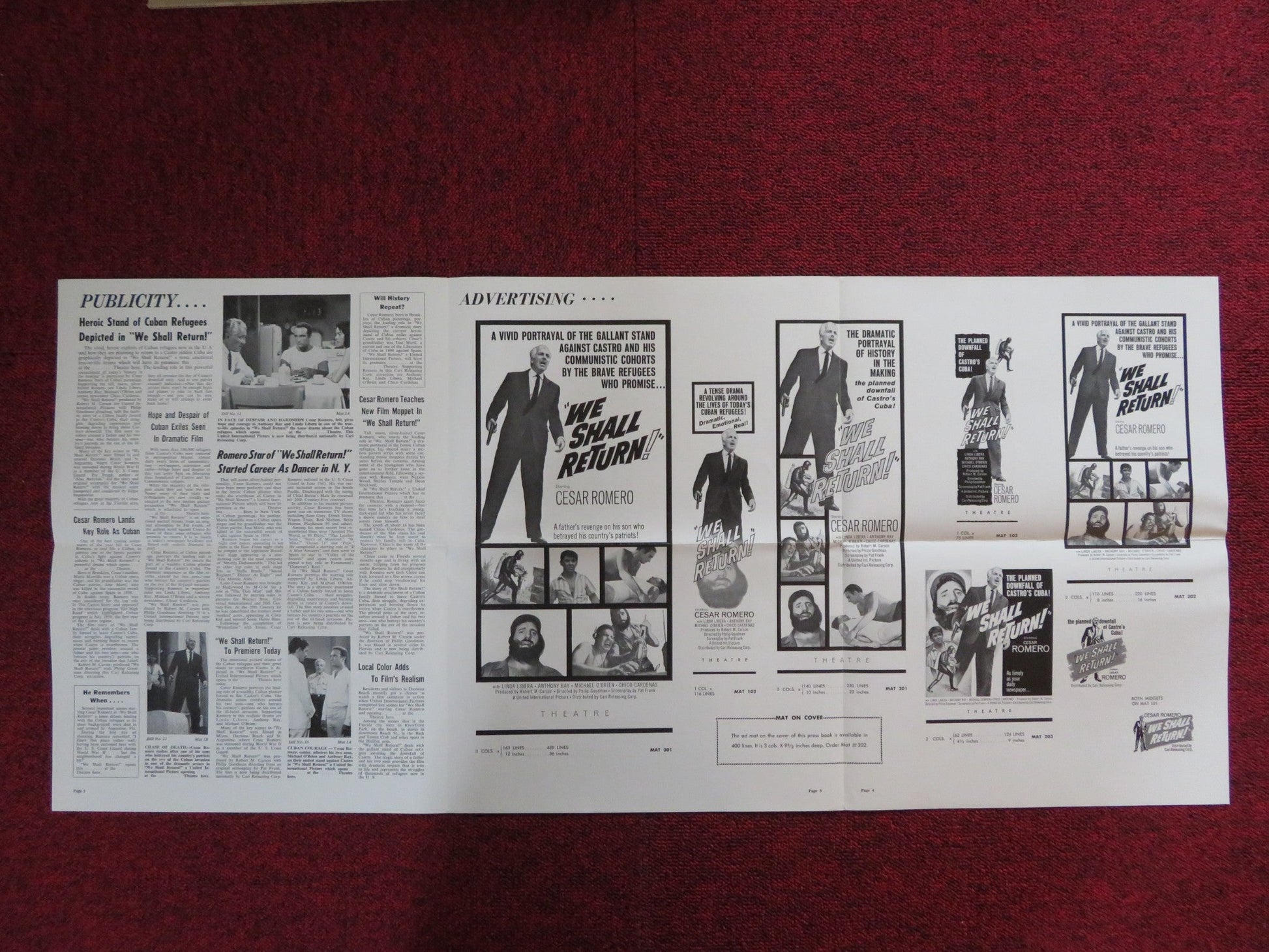 WE SHALL RETURN UNCUT EXHIBITOR FOLDED PRESS BOOK CESAR ROMERO 1963 Rendezvous Cinema Movie posters