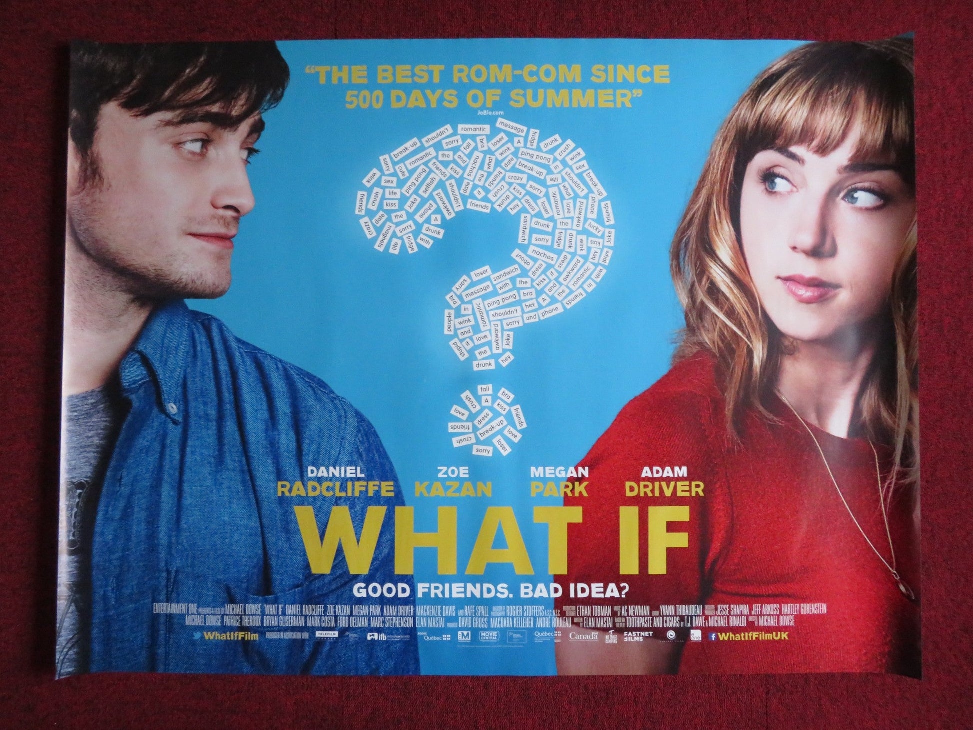 WHAT IF UK QUAD (30"x 40") ROLLED POSTER DANIEL RADCLIFFE ZOE KAZAN 2013 Rendezvous Cinema Movie posters