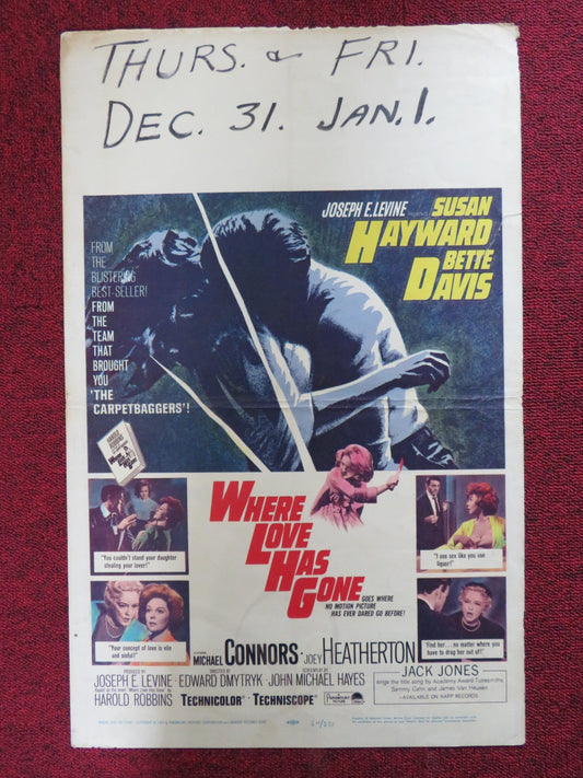 WHERE LOVE HAS GONE WINDOW CARD (14"x 22") POSTER SUSAN HAYWARD BETTE DAVIS 1964 Rendezvous Cinema Movie posters