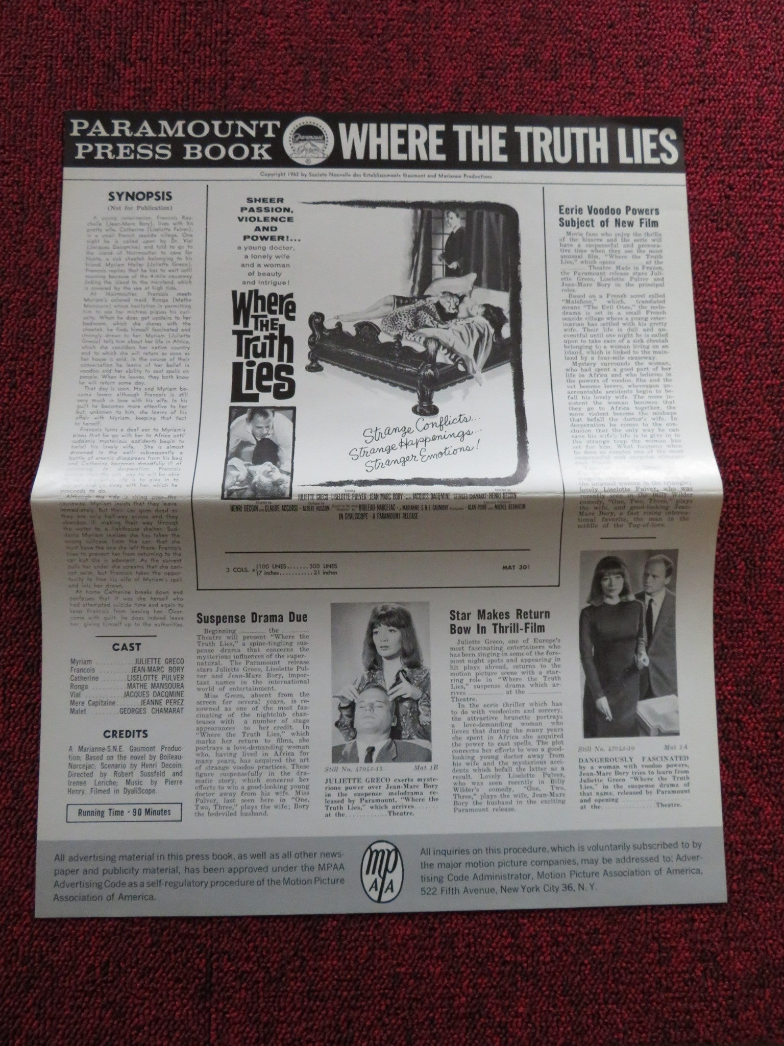 WHERE THE TRUTH LIES US UNCUT PRESSBOOK JULIETTE GRECO LISELOTTE PULVER 1962 Rendezvous Cinema Movie posters