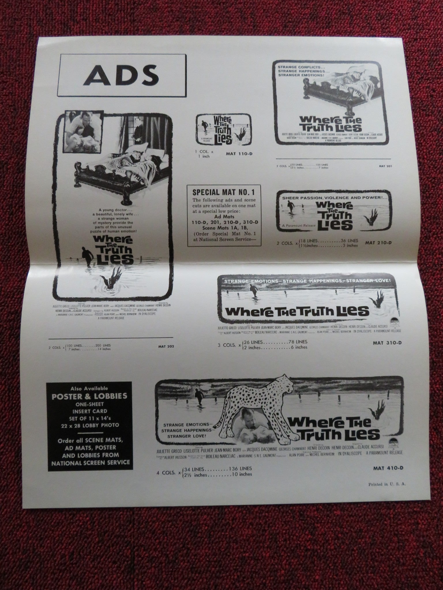 WHERE THE TRUTH LIES US UNCUT PRESSBOOK JULIETTE GRECO LISELOTTE PULVER 1962 Rendezvous Cinema Movie posters