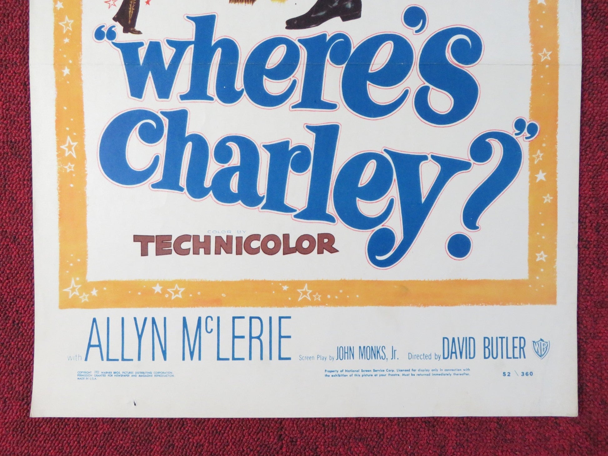 WHERE'S CHARLEY? US INSERT (14"x 36") POSTER RAY BOLGER ALLYN MCLERIE 1952 Rendezvous Cinema Movie posters