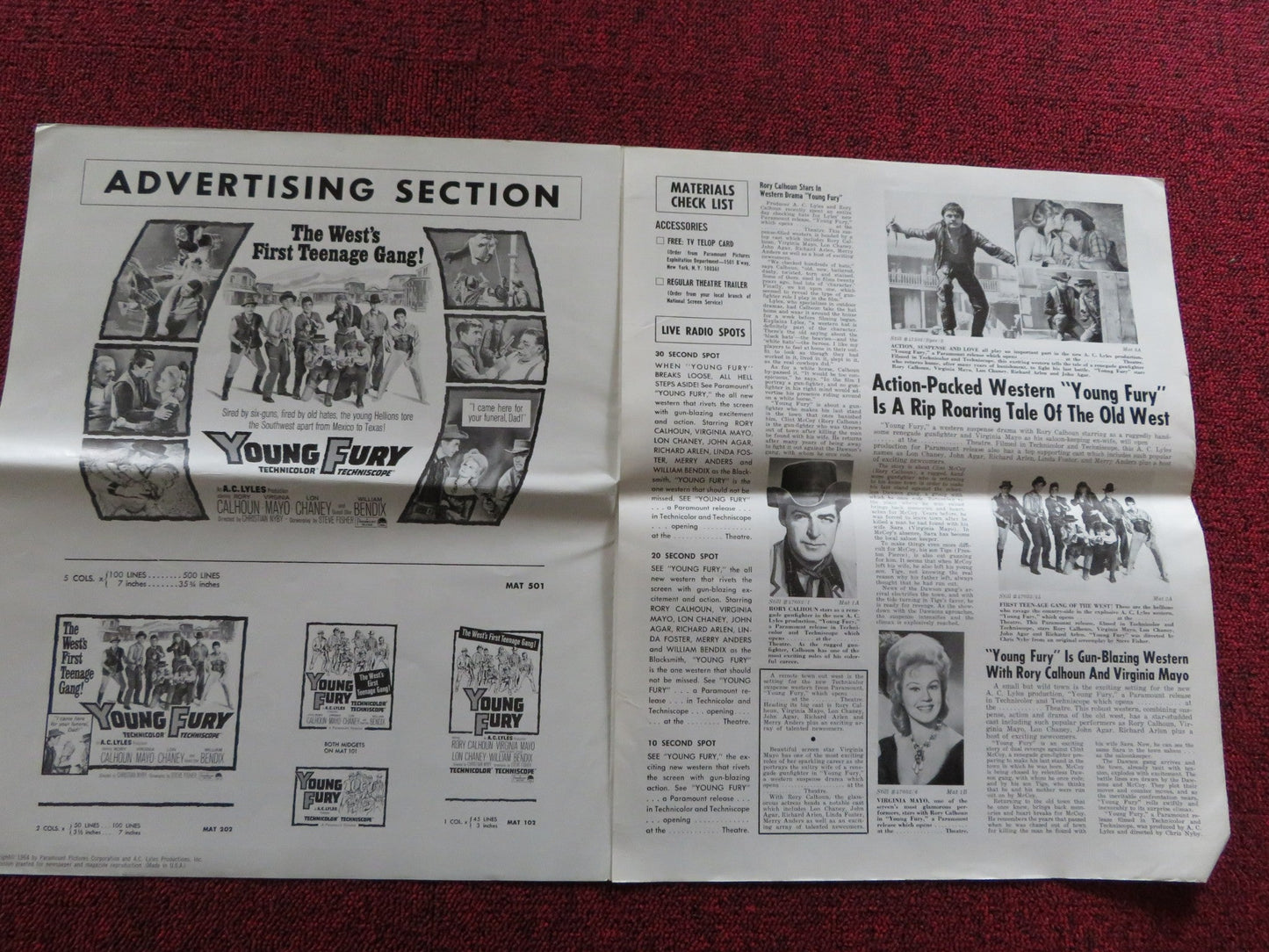 YOUNG FURY UNCUT US PRESSBOOK RORY CALHOUN VIRGINIA MAYO 1964 Rendezvous Cinema Movie posters
