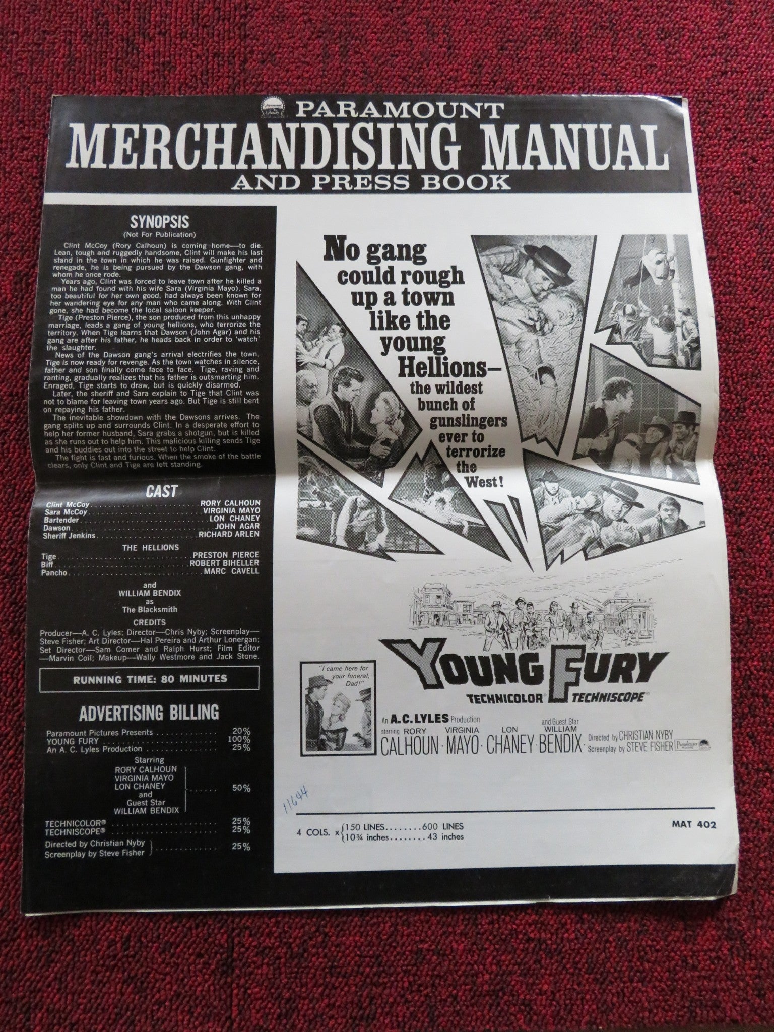 YOUNG FURY UNCUT US PRESSBOOK RORY CALHOUN VIRGINIA MAYO 1964 Rendezvous Cinema Movie posters