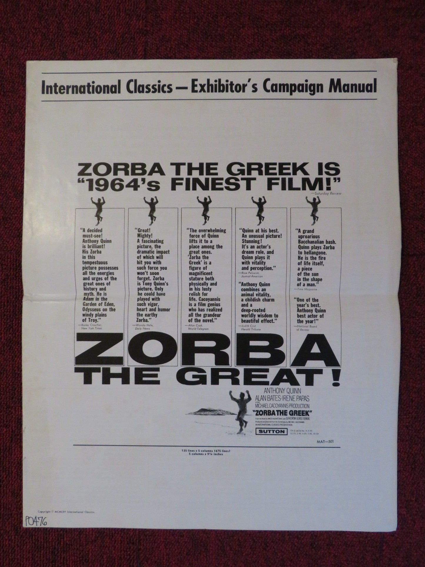 ZORBA THE GREEK UNCUT INTERNATIONAL CLASSICS FOLDED PRESS BOOK A. QUINN 1965 Rendezvous Cinema Movie posters