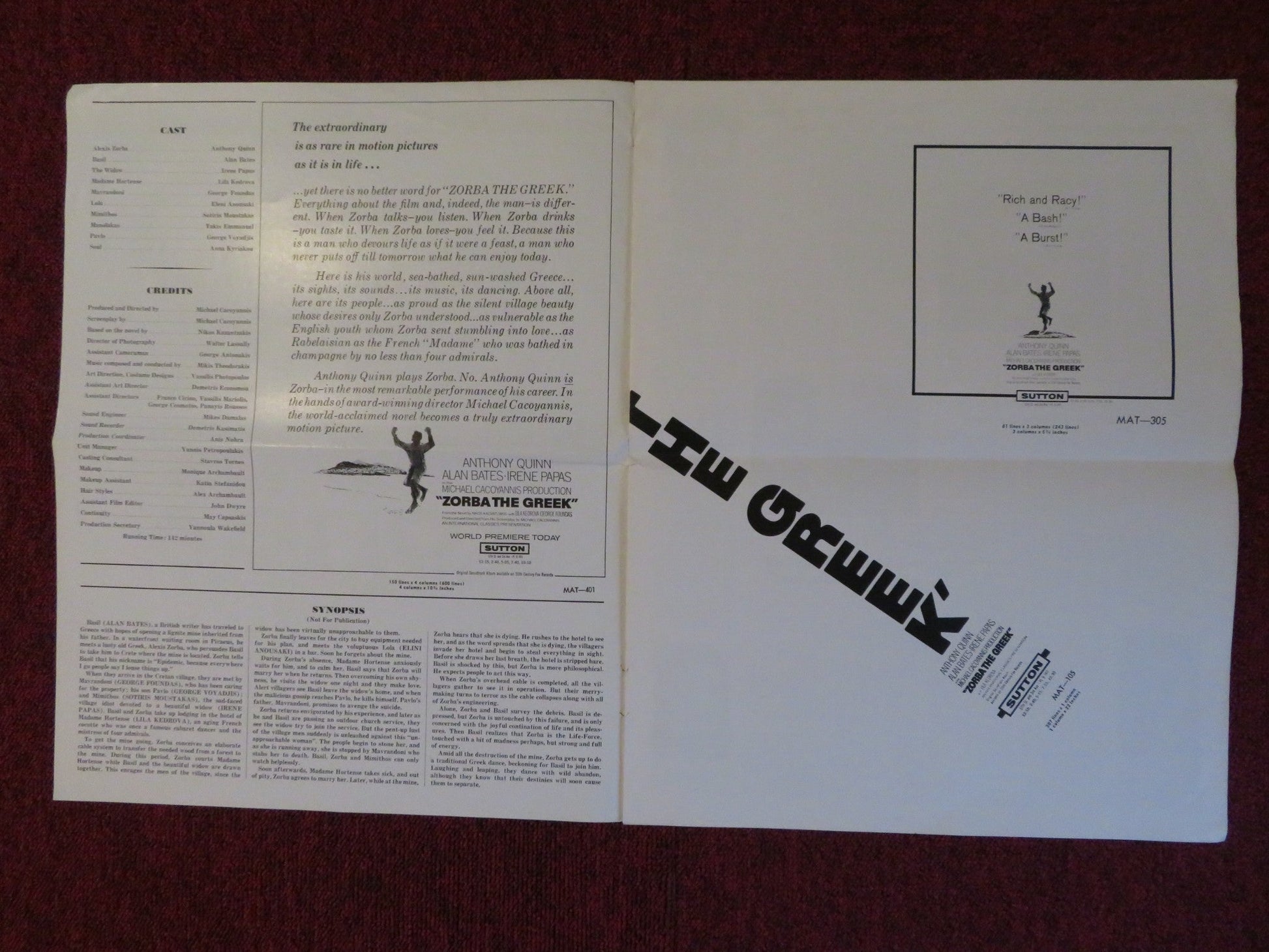 ZORBA THE GREEK UNCUT INTERNATIONAL CLASSICS FOLDED PRESS BOOK A. QUINN 1965 Rendezvous Cinema Movie posters