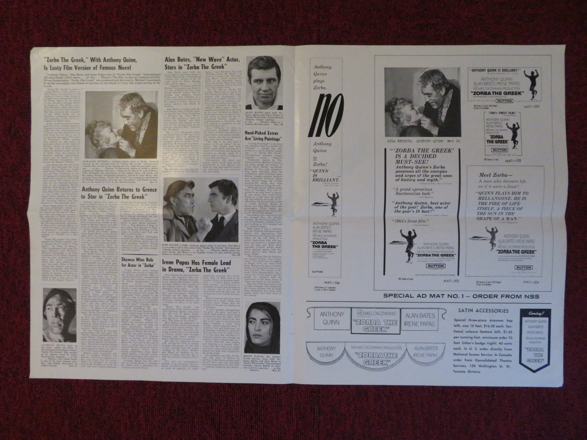ZORBA THE GREEK UNCUT INTERNATIONAL CLASSICS FOLDED PRESS BOOK A. QUINN 1965 Rendezvous Cinema Movie posters