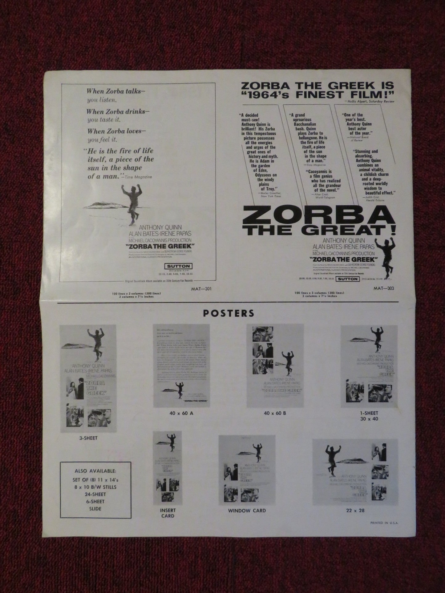 ZORBA THE GREEK UNCUT INTERNATIONAL CLASSICS FOLDED PRESS BOOK A. QUINN 1965 Rendezvous Cinema Movie posters