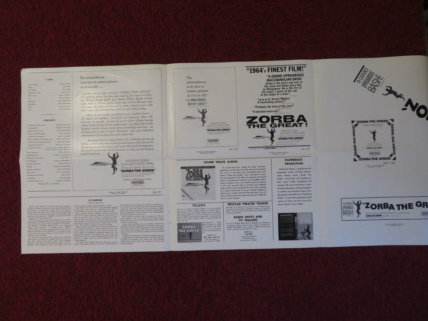 ZORBA THE GREEK UNCUT INTERNATIONAL CLASSICS FOLDED PRESS BOOK A. QUINN 1965 Rendezvous Cinema Movie posters