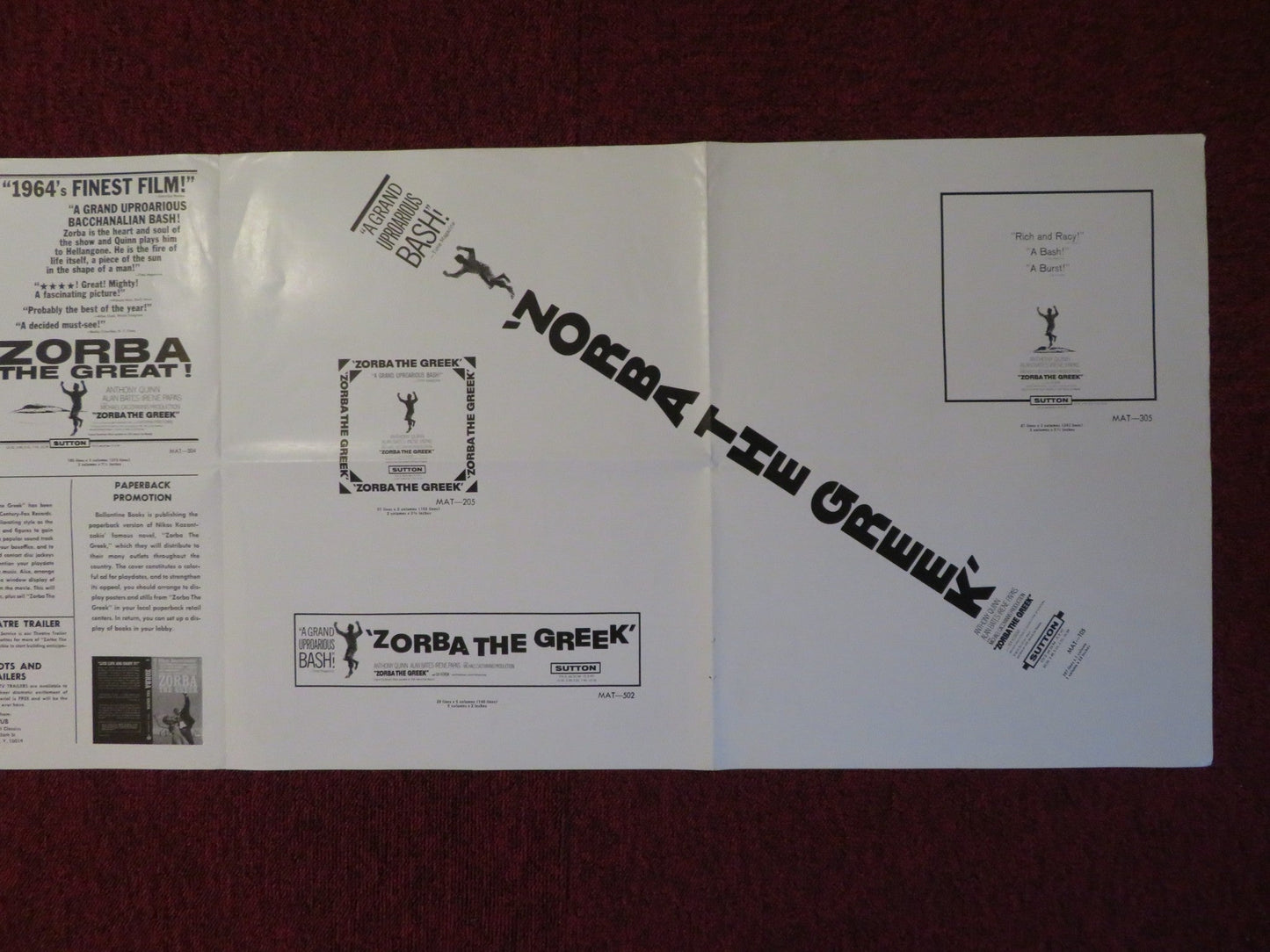 ZORBA THE GREEK UNCUT INTERNATIONAL CLASSICS FOLDED PRESS BOOK A. QUINN 1965 Rendezvous Cinema Movie posters