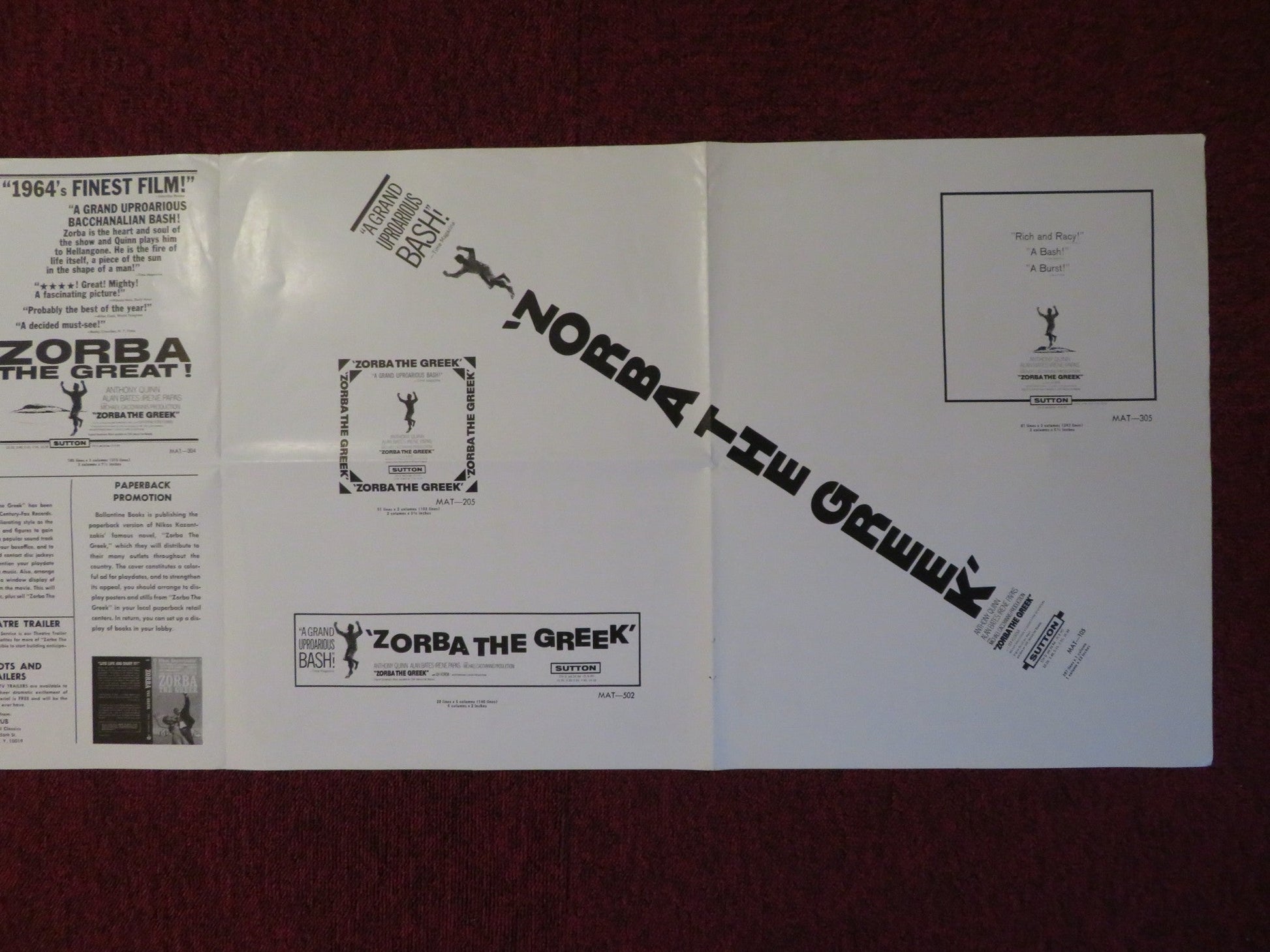 ZORBA THE GREEK UNCUT INTERNATIONAL CLASSICS FOLDED PRESS BOOK A. QUINN 1965 Rendezvous Cinema Movie posters