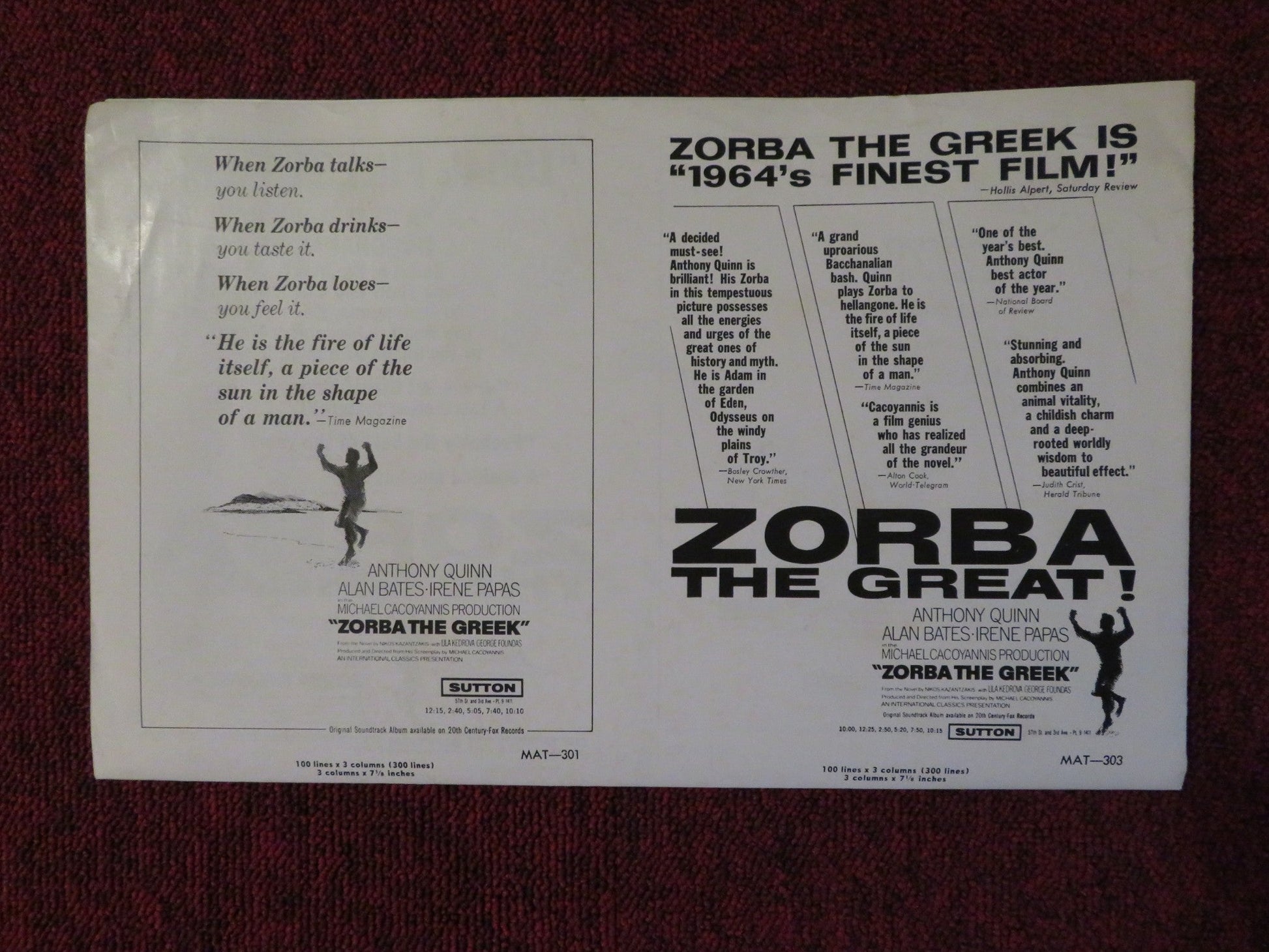 ZORBA THE GREEK UNCUT INTERNATIONAL CLASSICS FOLDED PRESS BOOK A. QUINN 1965 Rendezvous Cinema Movie posters